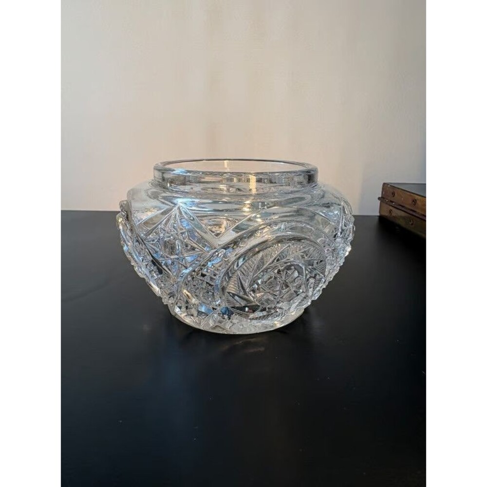 American Brilliant Cut Glass Rose Bowl Hobstar Fan Deep Cut Crystal Antique Lead